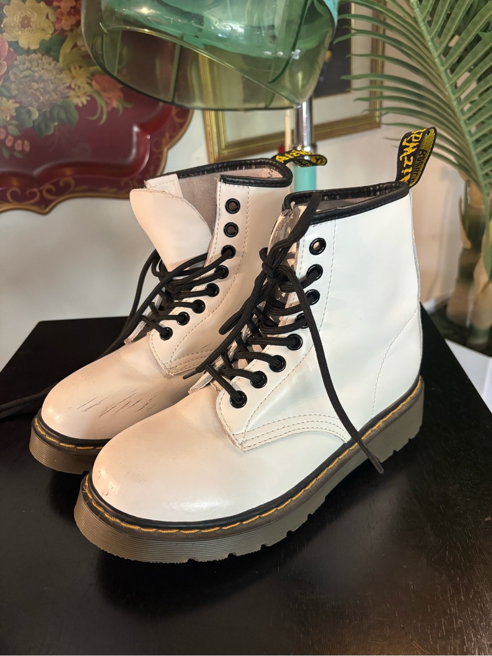 Dr. Martens White Lace-Up Combat Boots with Black Trim